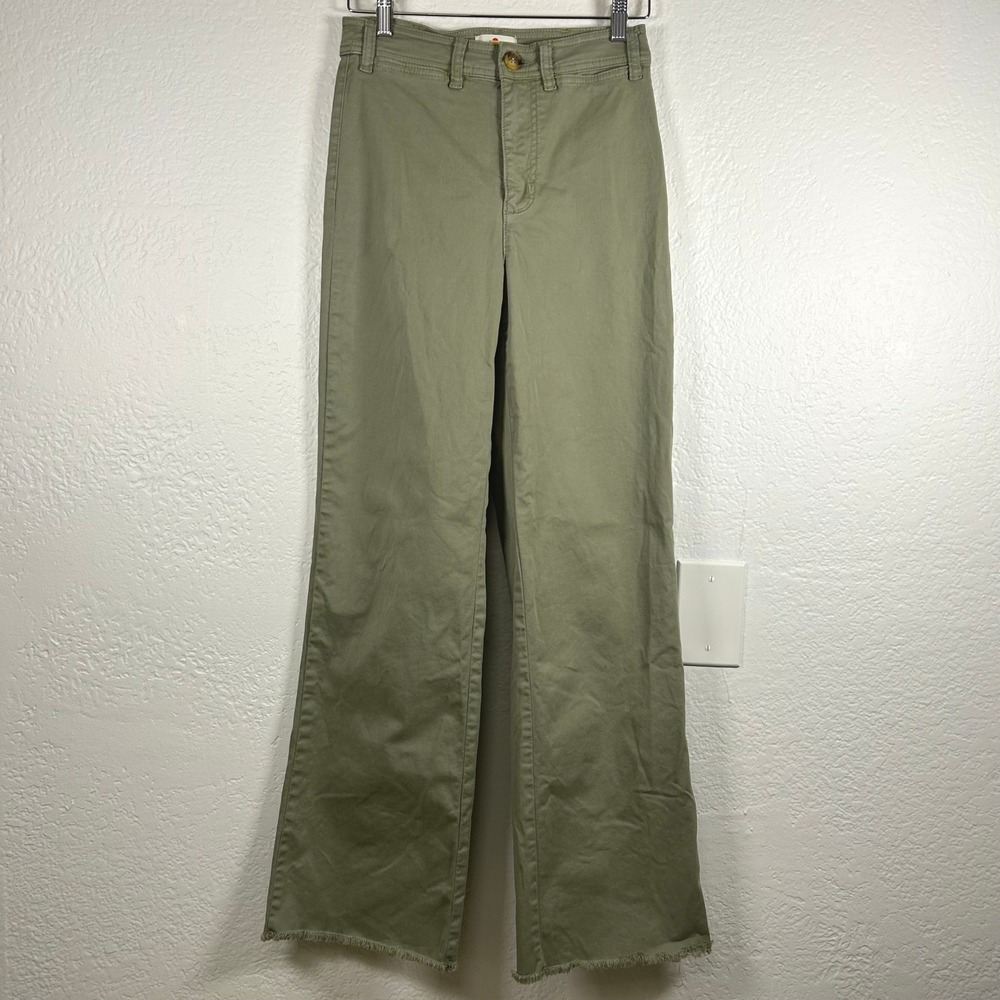 Marine Layer Allison Wide Leg Pants Olive Green Raw Hem High Rise Size 6‎